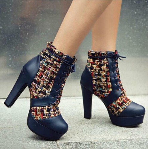 Womens Fashion Round Toe Lace Up Tweed 