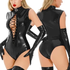 Womens Bodysuit Front Hollow Out Patent Leather Jumpsuit Catsuit Dance Club Wear