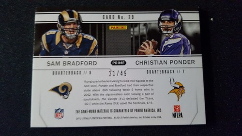 2012 Totally Cert Sam Bradford Ponder Dual Game Jersey Patch Rams Vikings 21/49 - Picture 2 of 2