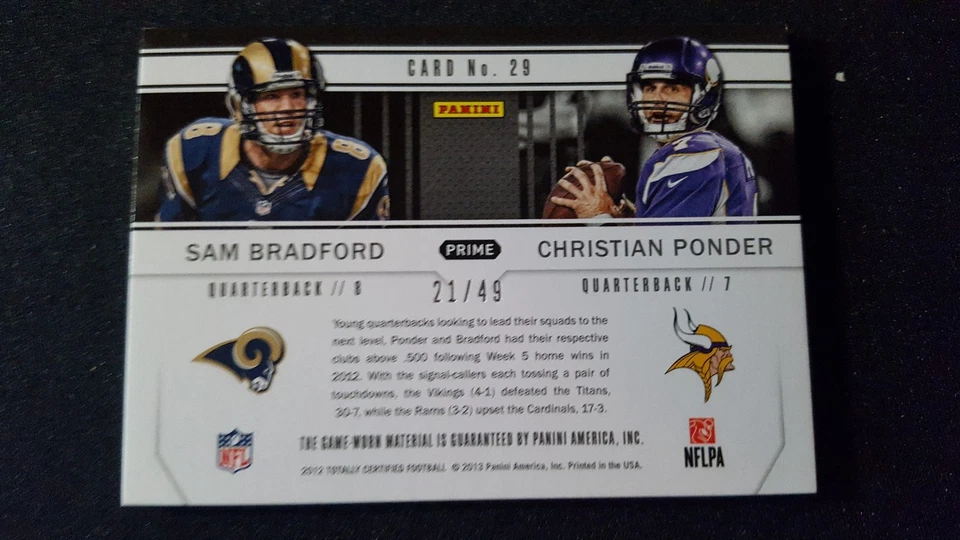 2012 Totally Cert Sam Bradford Ponder Dual Game Jersey Patch Rams Vikings 21/49 - Image 2 of 2