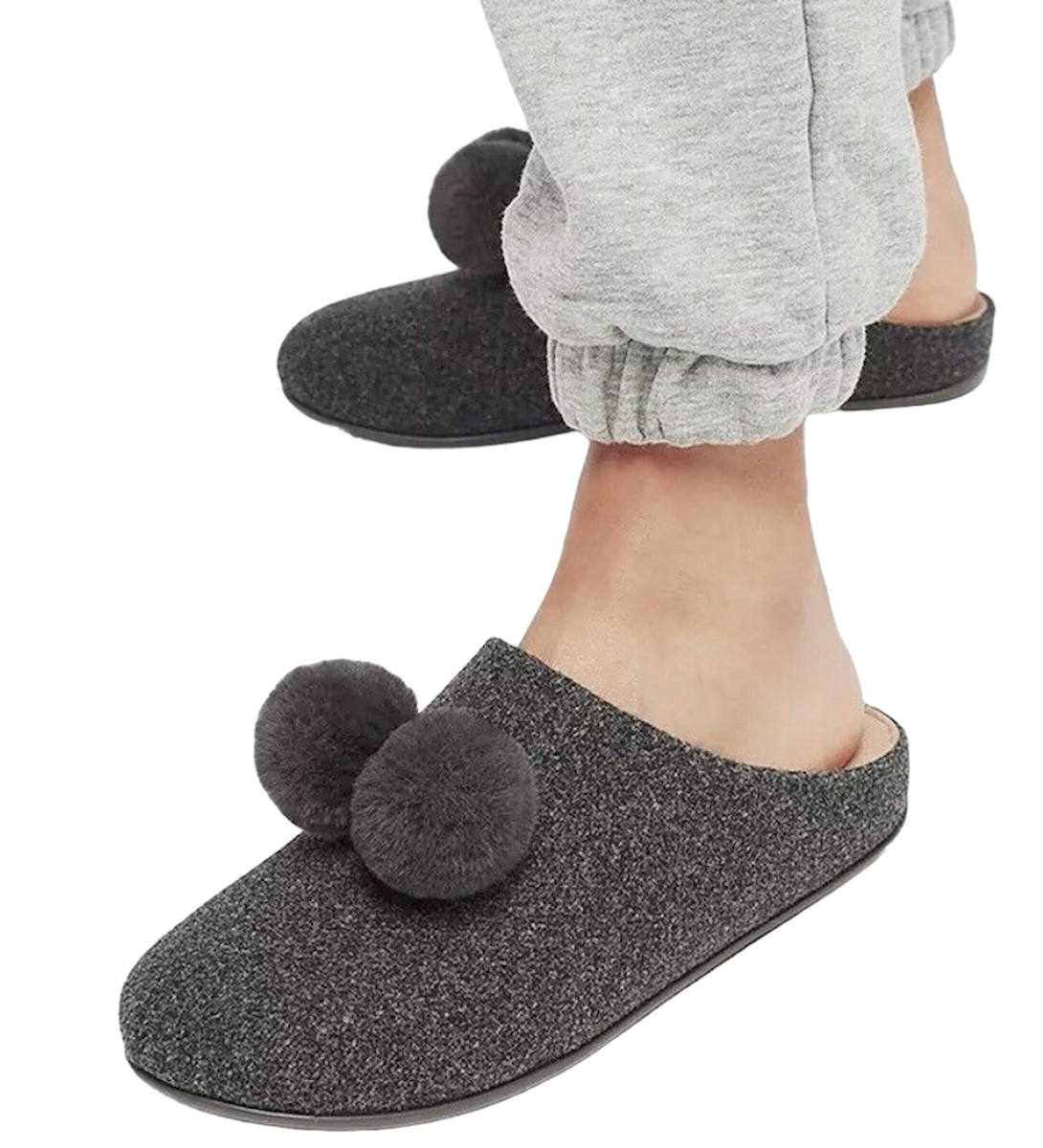 NEW FITFLOP CHRISSIE PEWTER GREY POM POM SLIP ON MULES SLIPPERS
