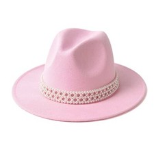 Womens Wide Brim Fedora Hat with Pearl Band Lady Panama Hat Pink