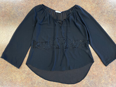 Lush Women's Black Sheer Long sleeve Lace accent v neck lace up flowing shirt S