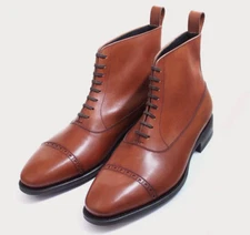 Handmade Mens Tan brown cap toe leather ankle boots, Ankle boots for mens