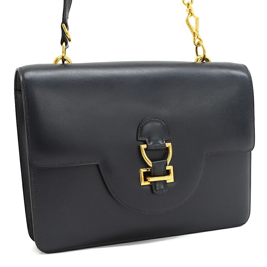 HERMES Sandrine Shoulder Bag Box Calf Leather Dark Navy I Stamp Authentic