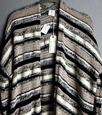 NWT By Together Open Chain Knit Khaki Black Stripe M/L Sweater Duster Cardigan