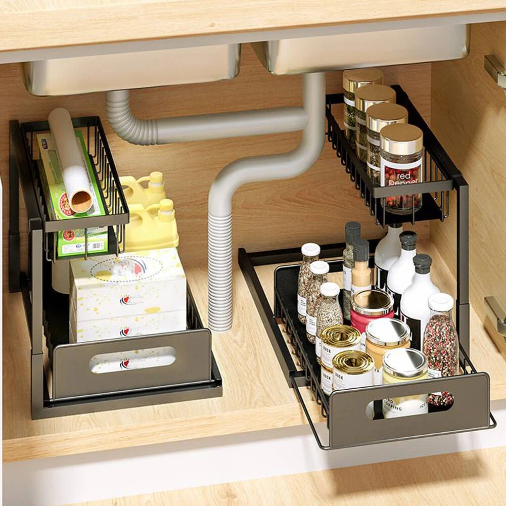 2 Tier Black Under Sink Pull out Drawer Storage Shelf Organizer kitchen bathroom