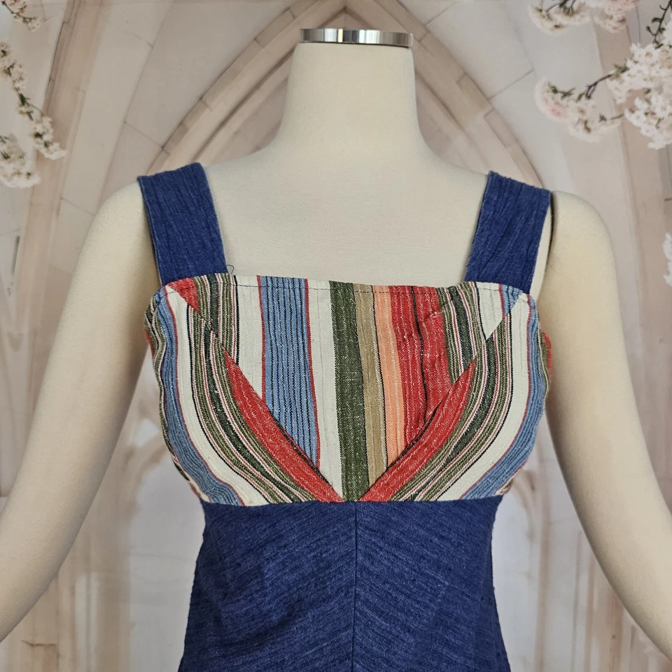 Vestido Solero Vintage Años 60 Sin Mangas Botones Denim Rayas Top Groovy  Foto 4 de 4