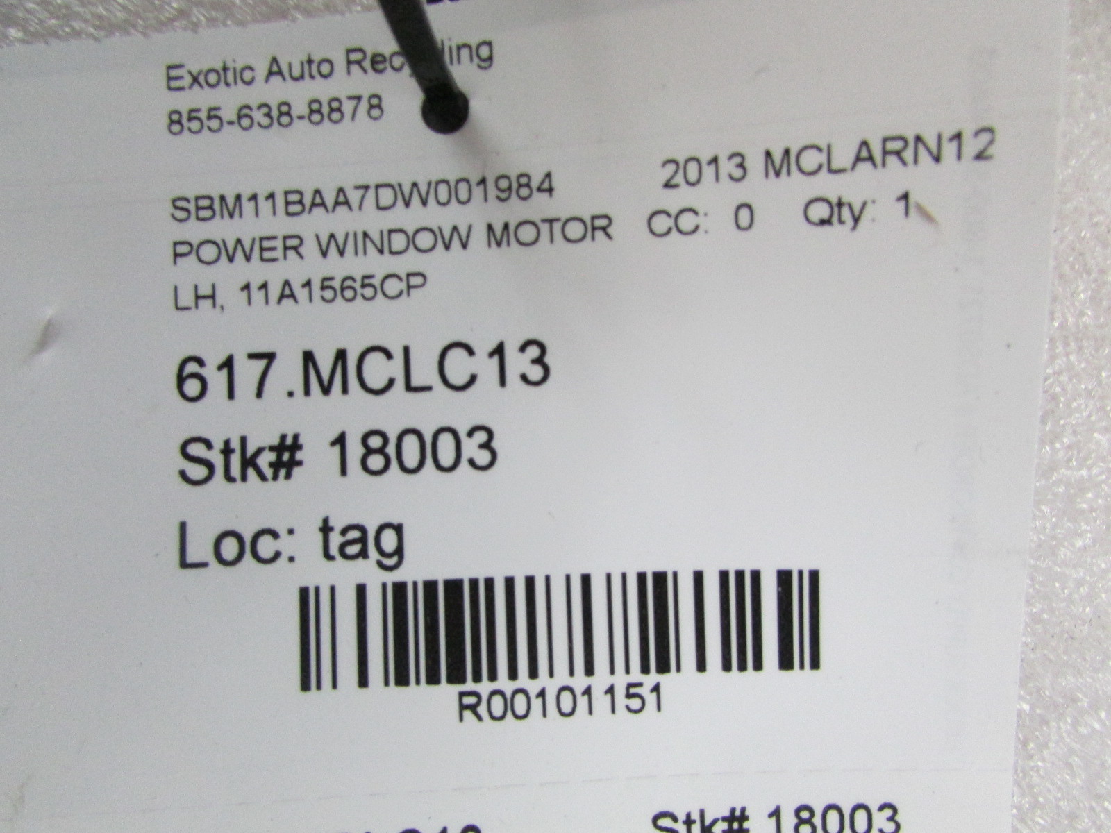 McLaren MP4-12C, LH, Left Power Window Motor, Used, P/N 11A1565CP