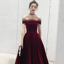Women Long Burgundy Dress Wedding Prom Party Gown Off Shoulder Lace Up Elegant