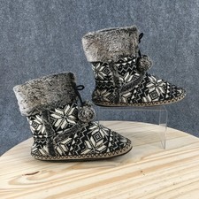 Winter Faux Fur Bootie Slippers Mens 7-8 Black Knit Fair Isle Pom-Pom
