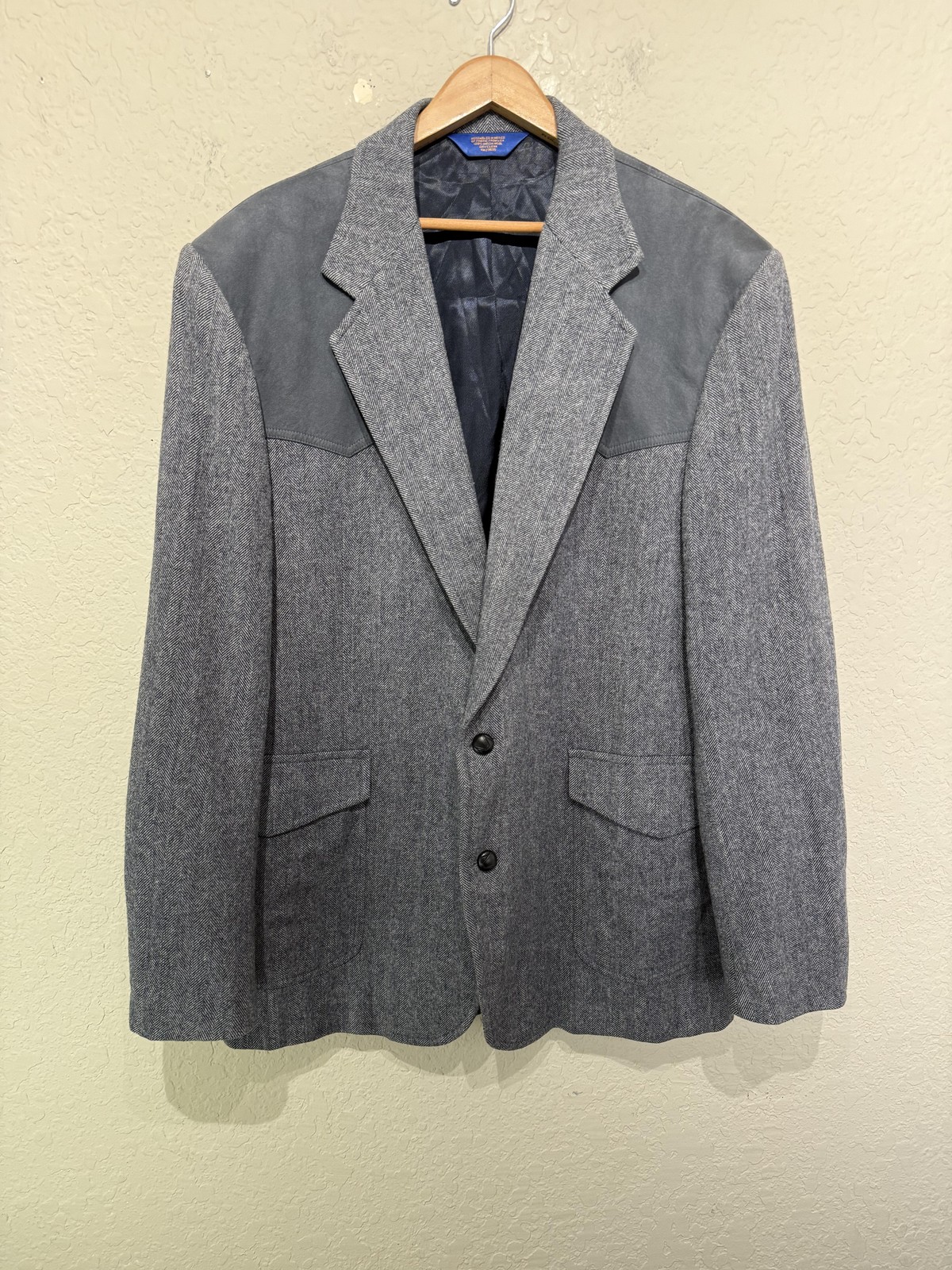 Pendleton Sport Coat Mens 46 Long Gray Herringbone Western Yoke Elbow Patches