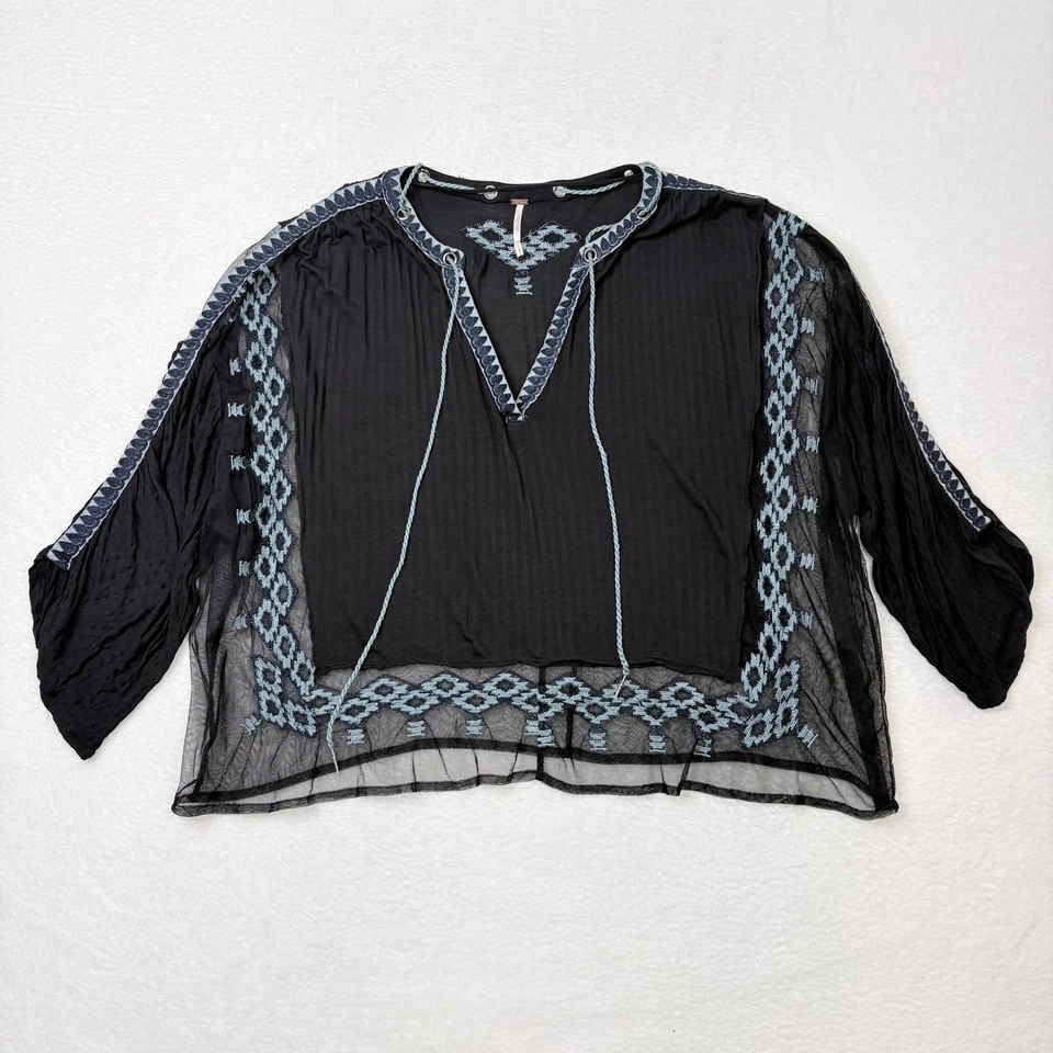 Blusa túnica Free People Eden azteca negra de malla bordada Top Boho Festival Med Foto 3 de 4
