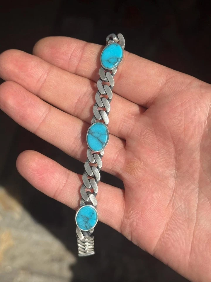 Silver Turquoise Chain Bracelet Turquoise Gem Silver Curb Chain Bracelet - Image 4 of 4