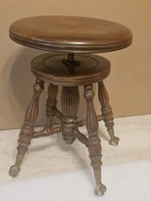 Antique Piano Stool w/ Cast Iron Claw Feet The Chas Parker Co. Adjustable Seat