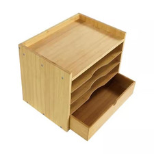 5-Tier Bamboo Desk Organizer with Drawer Adjustable Shelves Document Holder File