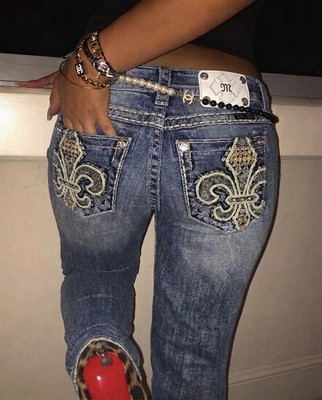 Blaue Miss Me Jeans Y2K Fleur de Lis Strass Skinny Größe M