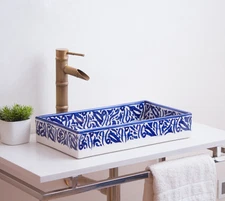 Custom Made Rectangular Bathroom Sink, Blue Hand-painted Ceramic Vessel Sink