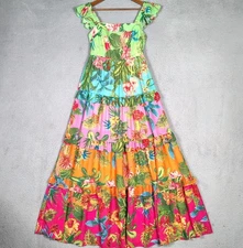 Baltic Born Sundara Maxi Dress Womens M Multicolor Floral Tiered Smocked Cottage