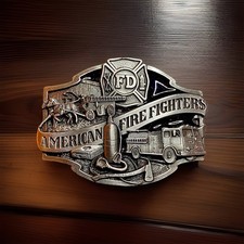 1988 American Fire Fighters Pewter and Black Enamel Belt Buckle - Brand New