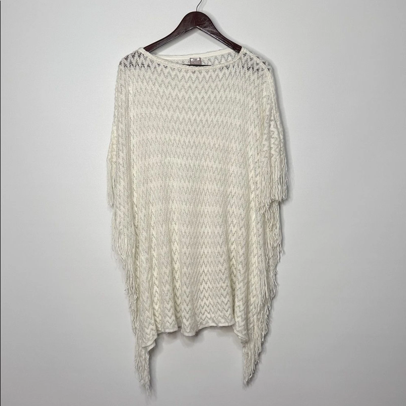 Chico's White Open-Knit Fringe Poncho Sweater L/XL