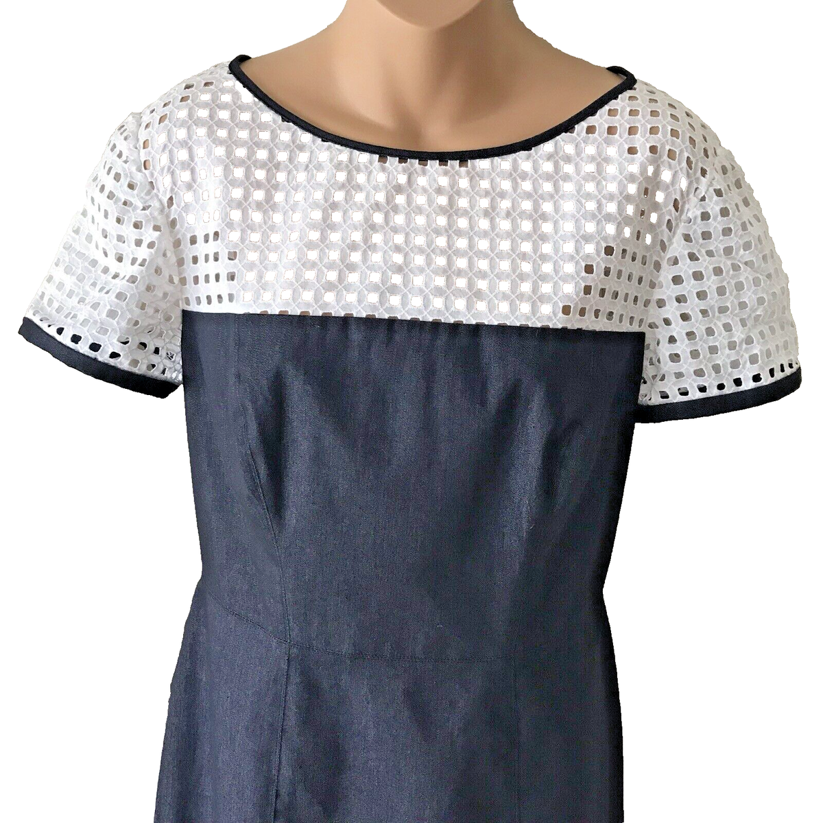Donna Morgan Navy Blue Sheath Dress with White Eyelet Top Size 12