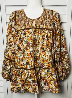 This & That Floral Boho Balloon Sleeve Ruffle Peasant Top Women s Size Small