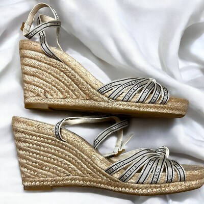 Tory Burch White Beige Logo Ribbon Wedge Espadrille Platform Sandals Heels  Sz 9 | eBay
