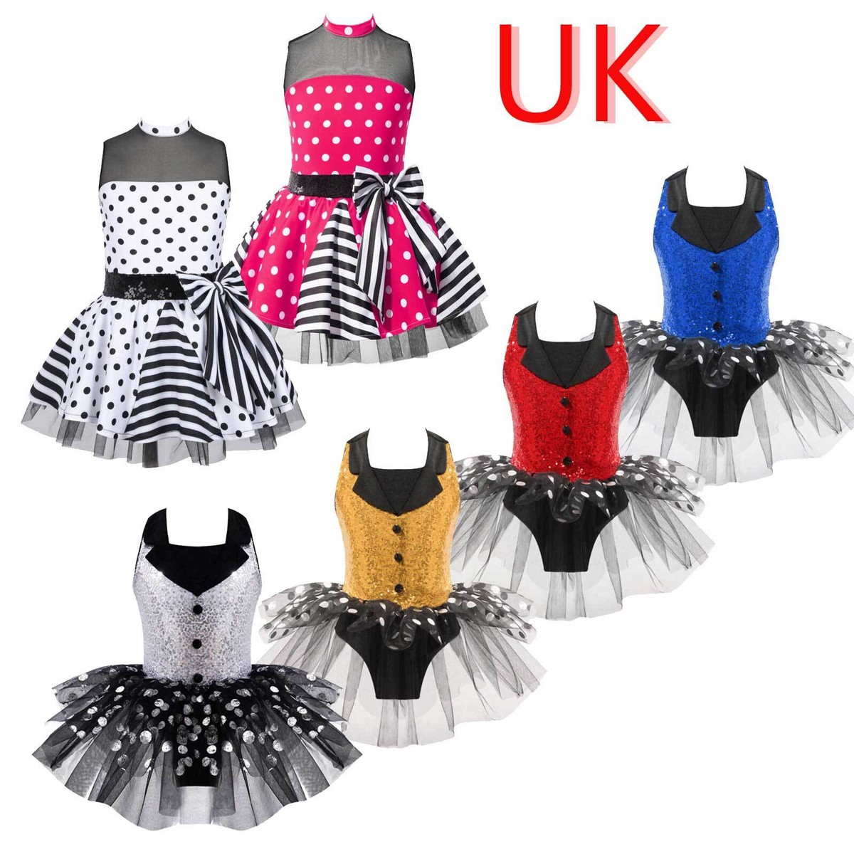 UK Kids Girls Poalk Dots Mesh Splice Leotard Tutu Dress Ballet