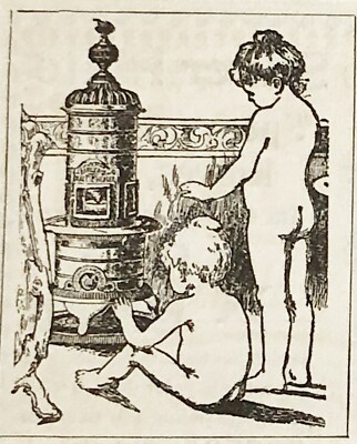 c1895 BARLER'S IDEAL OIL HEATER Print Ad~AFTER THE BATH Art~Naked Kids Warm&Cozy