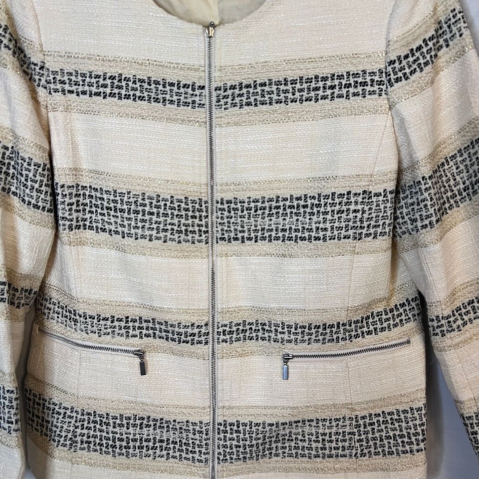Lafayette 148 New York striped tweed zip blazer cream black metallic Sz