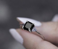Natural Black Onyx Cushion Cut Ring, 925 Sterling Silver Black Onyx Ring For Her