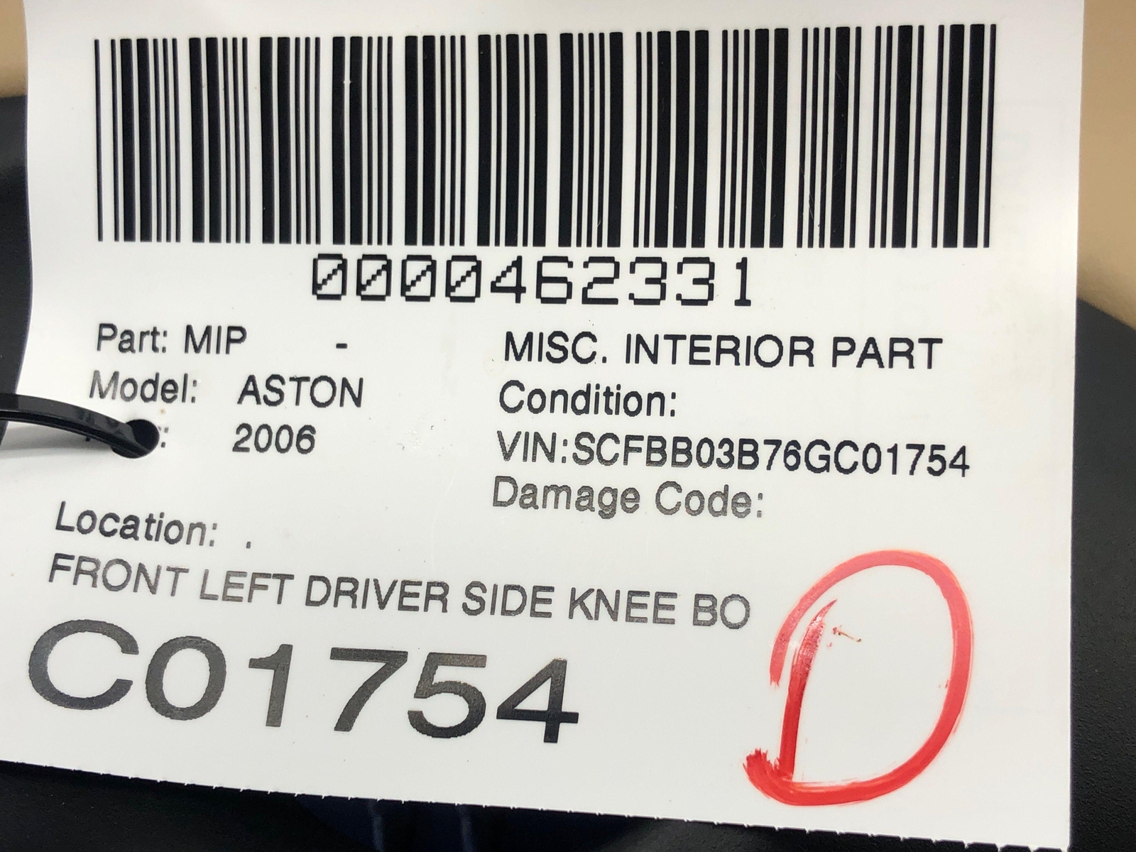 2006-2018 ASTON MARTIN VANTAGE FRONT LEFT KNEE BOLSTER PANEL BEIGE 6G33-C04325