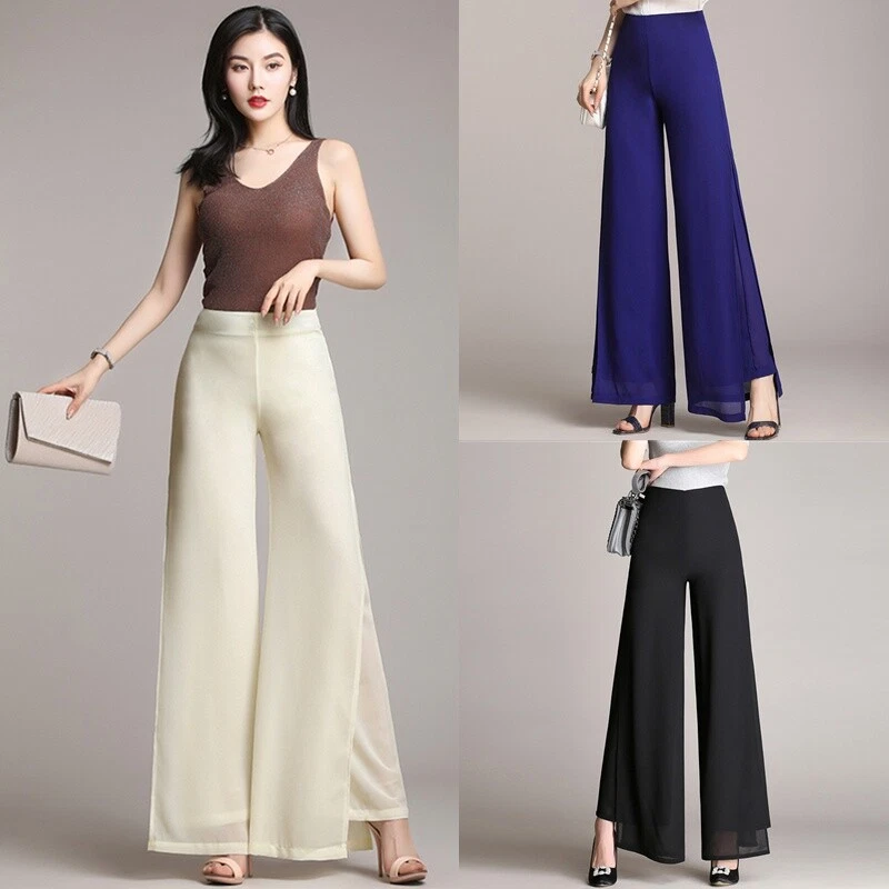 Dama Cintura Alta Pierna Recta Suelto Gasa Acampanados Pantalones Pierna Ancha Dividida Pantalones Foto 4 de 4