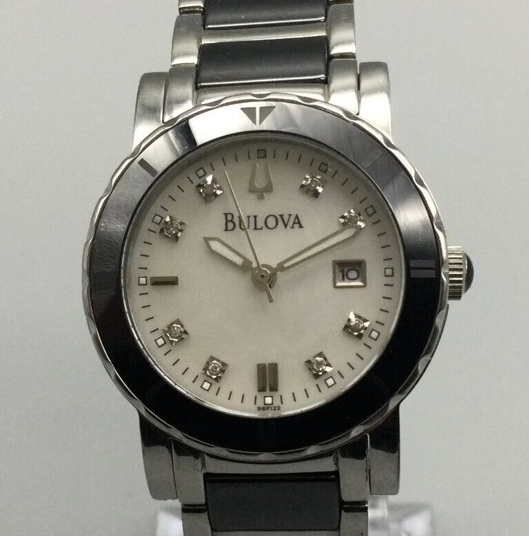 Bulova Highbridge Watch Women Silver Tone MOP Diamond Accent New Battery 6.25