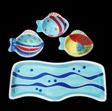 Ceramic Chip and Dip Tray With Fish Decore 4pc Set