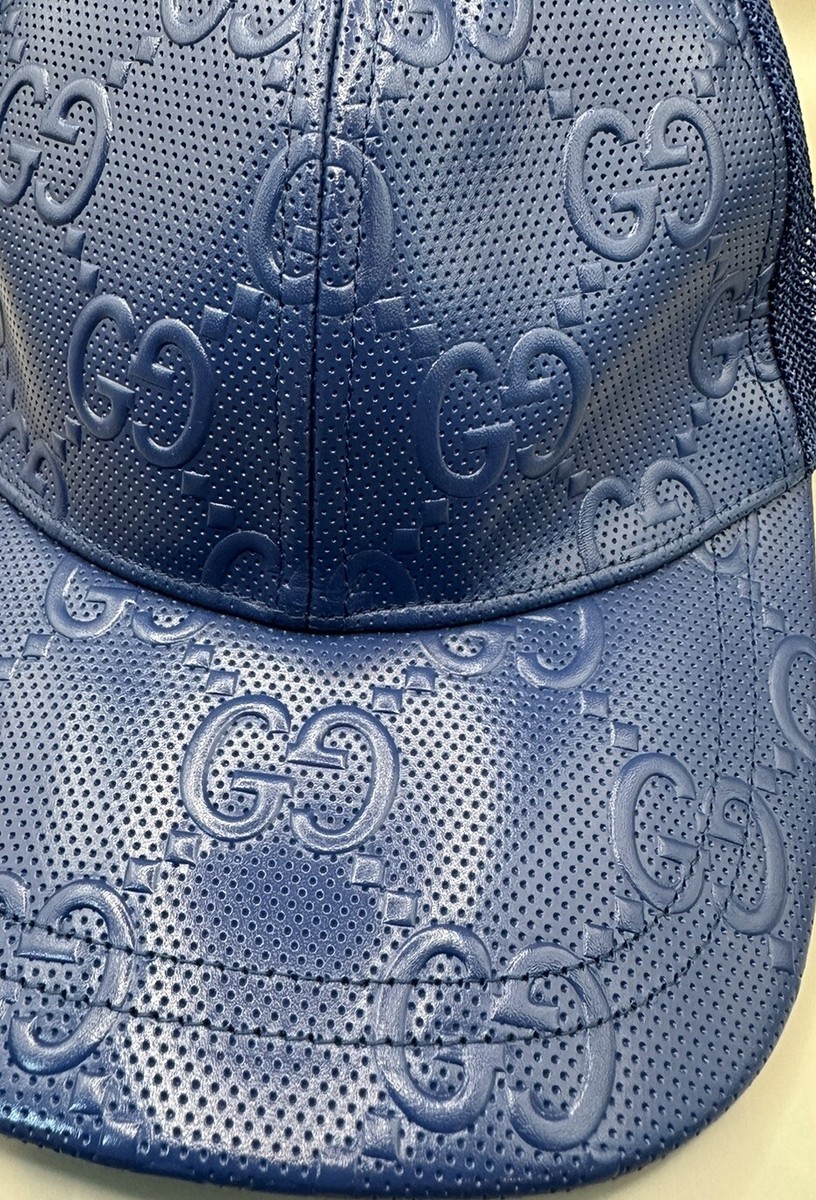 Gucci GG Supreme Embossed Leather Baseball Hat Cap Blue Size