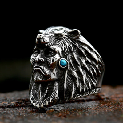 Ancient Tribal Indian Chief Ring Stainless Steel Men's Heavy Ring Biker Jewelry