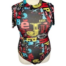 Sheer mock turtleneck short sleeve alphabet graphic print bodysuit - 1X