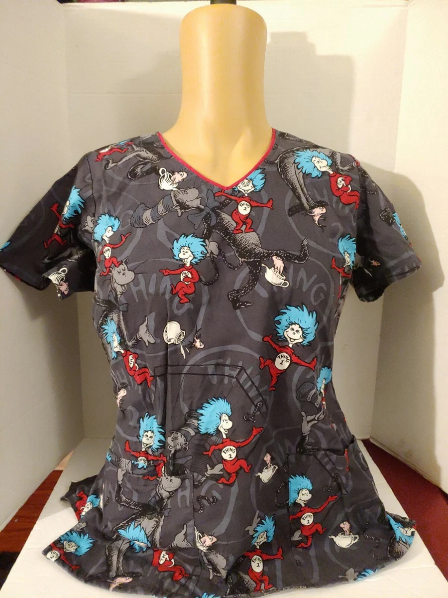 Dr Seuss Thing 1 Thing 2 Small Scrub Top Cat in the Hat Nurse Pediatric