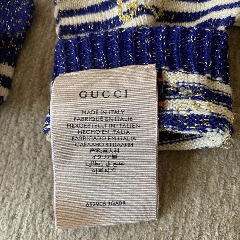 Guantes para mujer Gucci de lana/fibra metálica tejidos azules a rayas GG Web talla M, Italia Foto 3 de 4