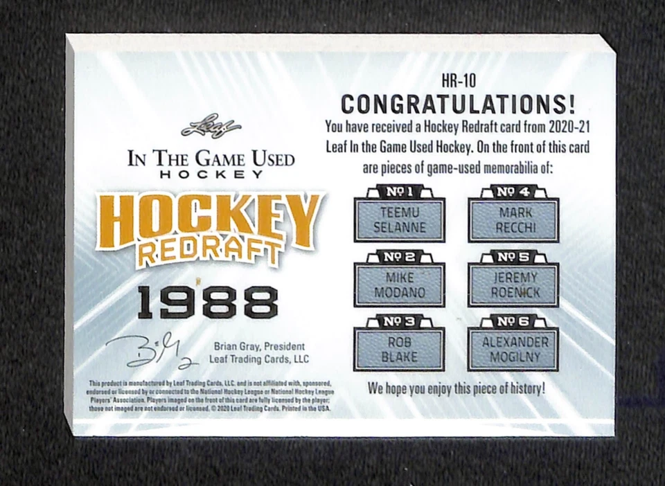 2020 LEAF IN THE GAME USED PATCH 11/30 1988 REDRAFT SELANNE RECCHI ROENICK BLAKE - Image 2 of 2