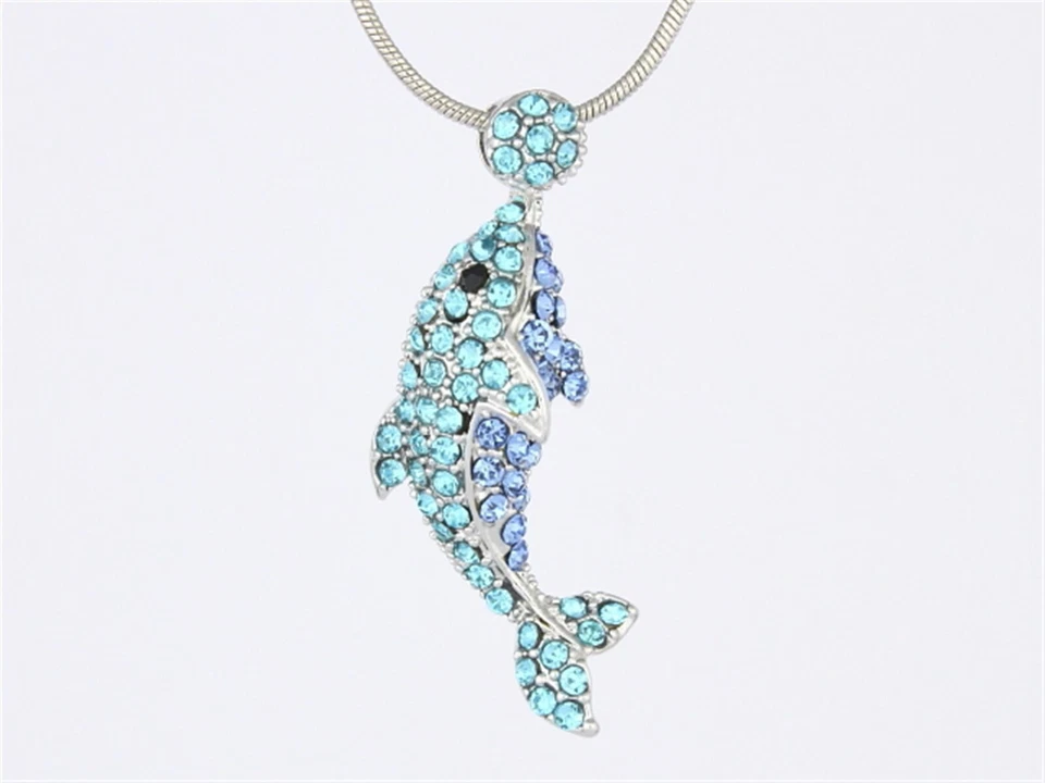 Teal Blue Rhinestone Crystal Jumping Dolphin Pendant Necklace P924 - Image 2 of 3