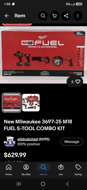 Milwaukee M18 FUEL 3697-25 5-Tool Combo Kit w/2 18V Li-Ion Batteries