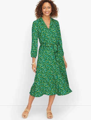 EUC FallTalbots Ditsy Floral Midi Shirt Dress Long Slv Belt Pockets Cottage 16
