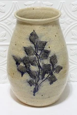 Stoneware Crock Pottery Vase Salt Glaze Cobalt Blue Vine/Leaf Pattern Signed 11"
