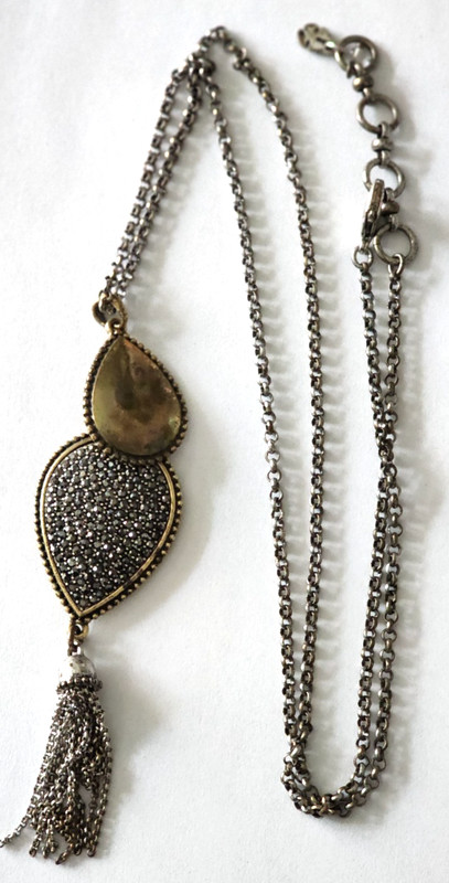 Vintage Dark silvertone & goldtone two- teardrop tassel pendant necklace 