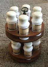 Vintage Round Wood Turntable Spice Rack 12 Milk Glass Rope Jars Original Labels