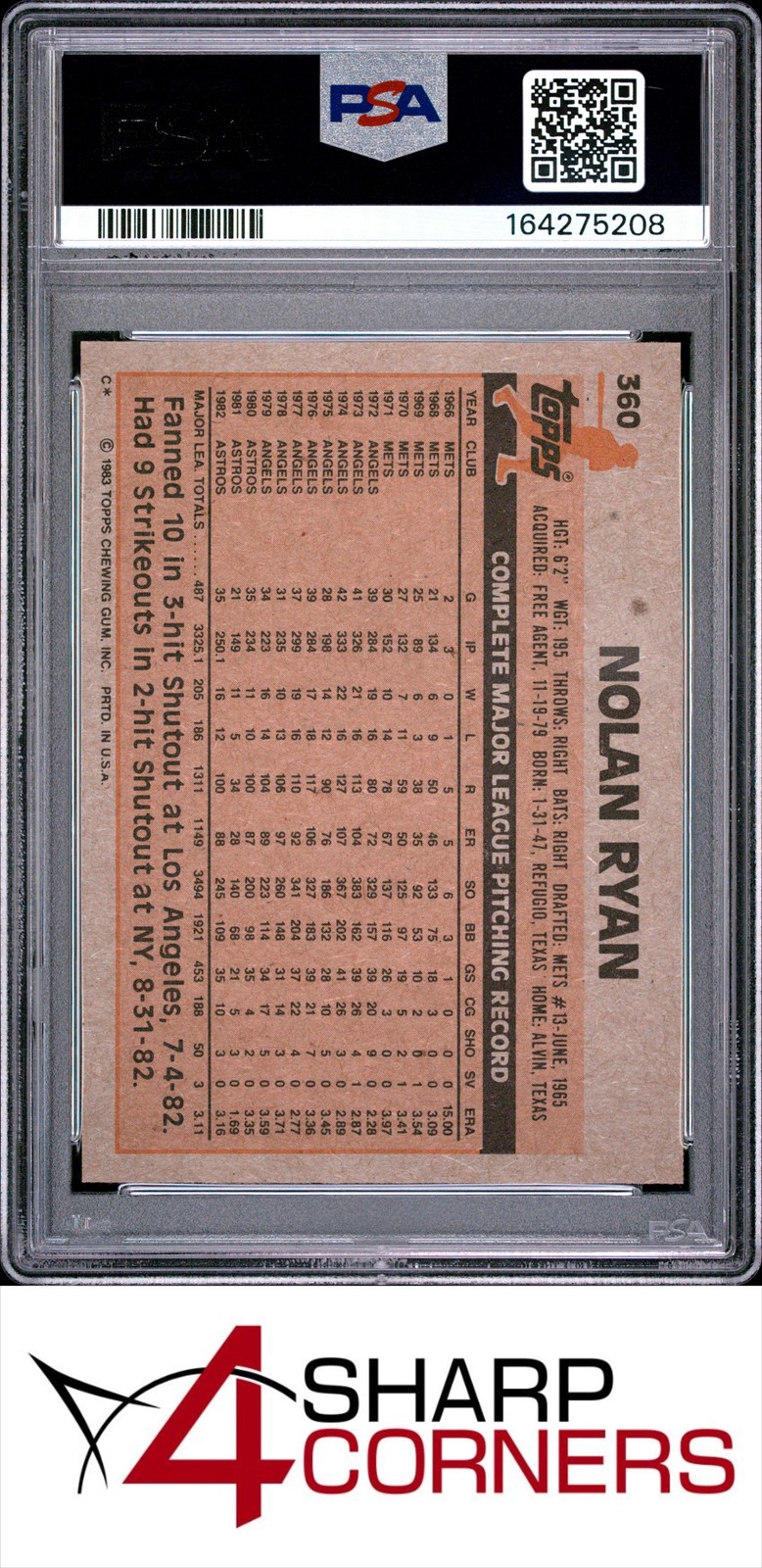 1983 TOPPS #360 NOLAN RYAN ASTROS HOF PSA 8 view 2