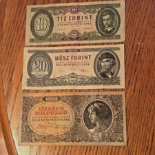Lot 3 Hungarian Banknotes Tiz Forint Husz Forint Tizezer Milpengo Horvath Nagy